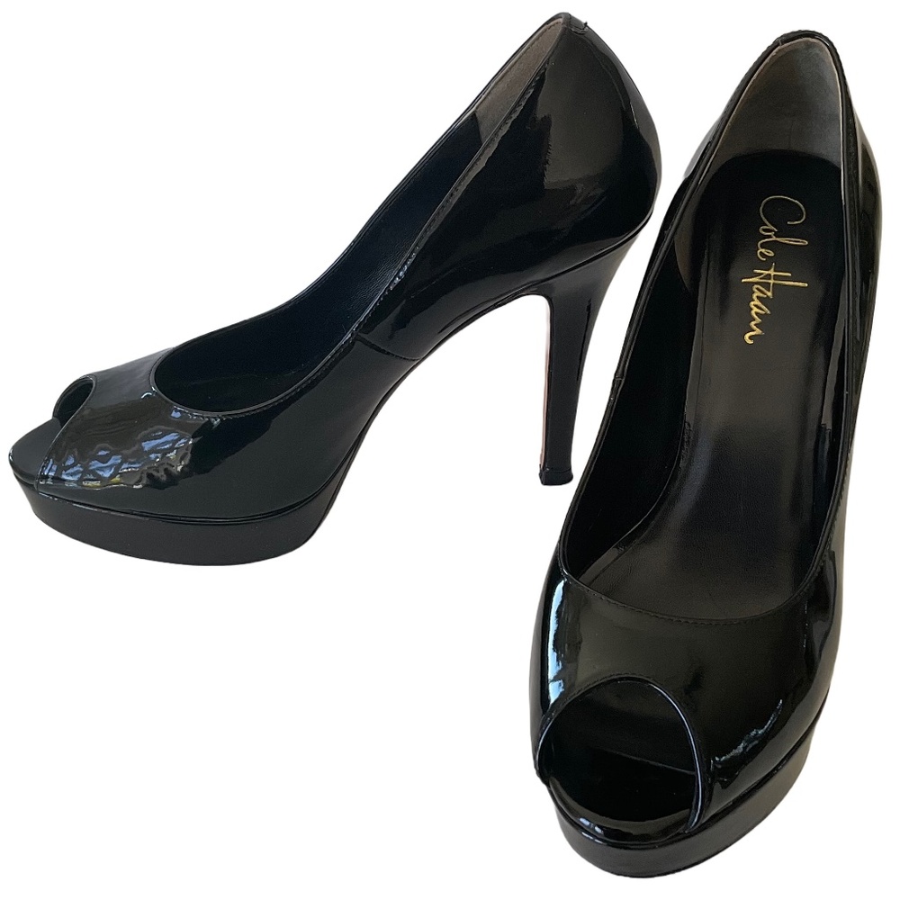 Cole Haan peep toe patent leather platform pumps Nike air Black Size 8.5
